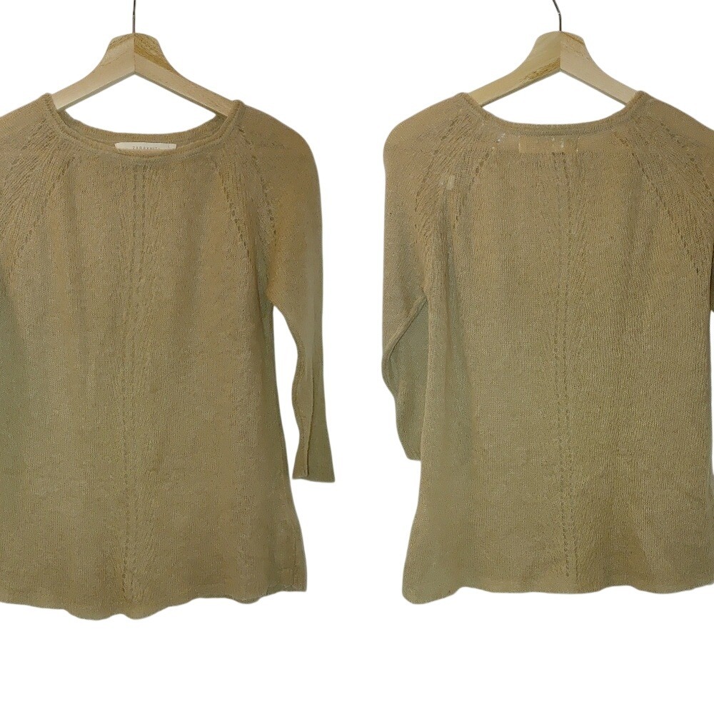 Zara Knit Mohair‎ Wool Blend Pullover Sweater Crew Neck Neutral Tan Medium M